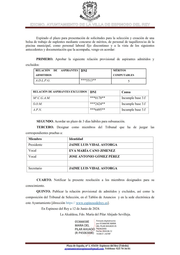 aprobación listado provisional de admitidos TAQUILLER 001